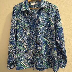 Kim Rogers Petite Large Blue Green Paisley Button Up Roll Tab Sleeve Blouse PL
